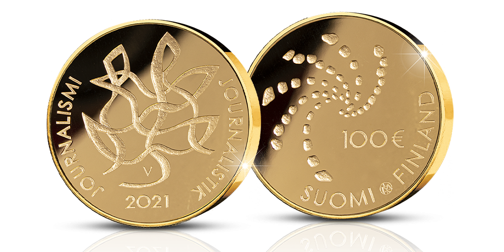 Journalism and Free Press Supporting Finnish Democracy is the theme for the 2021 domestic gold coin. The 100 euro coin celebrates the centennial of the Union of Journalists in Finland.