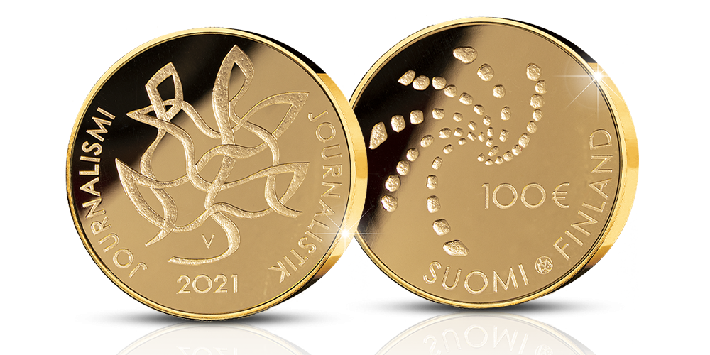 Guldmyntet med valören 100 euro är tillägnat Finlands Journalistförbunds 100:e jubileumsår Guldmyntet med valören 100 euro är tillägnat Finlands Journalistförbunds 100:e jubileumsår