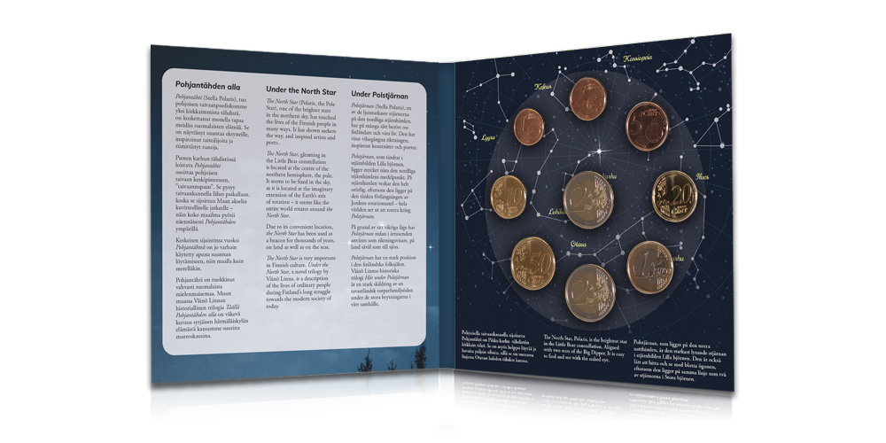 I myntserien Polstjärnan, som levereras i en stilig folder, innehåller samtliga finska mynt av år 2020