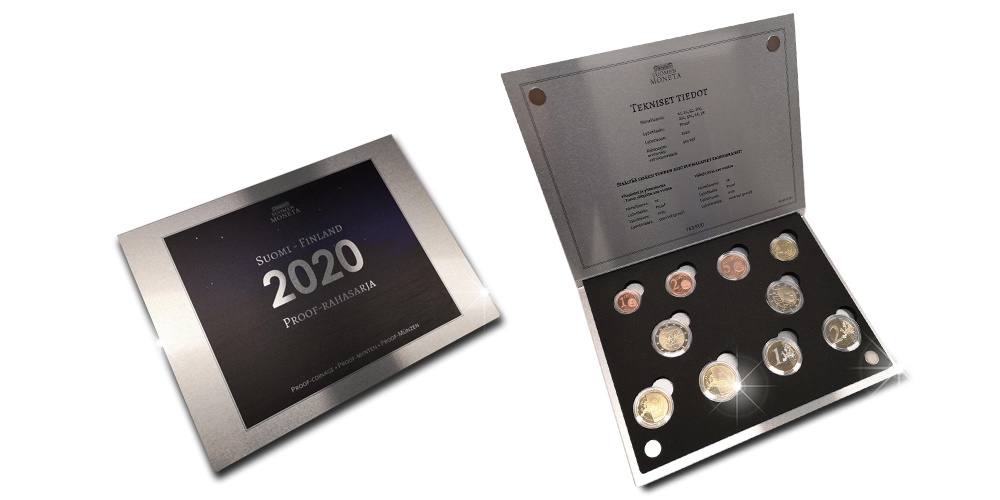 This Proof coin set includes the Finnish circulation coins and the two two-euro commemoratives issued in 2020